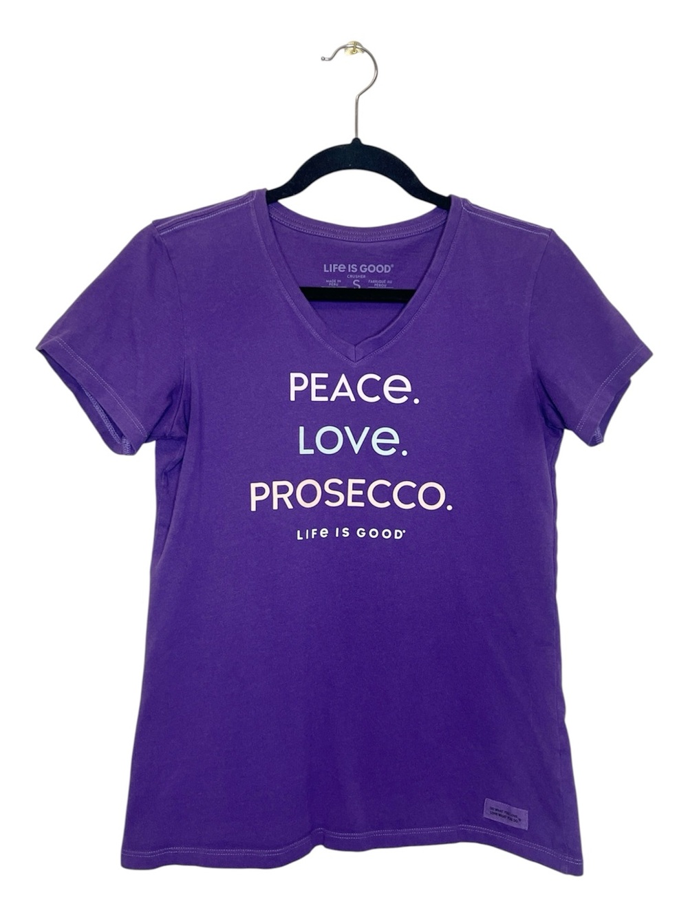 LIFE IS GOOD Prosecco Purple V Neck Crusher Tee size Small